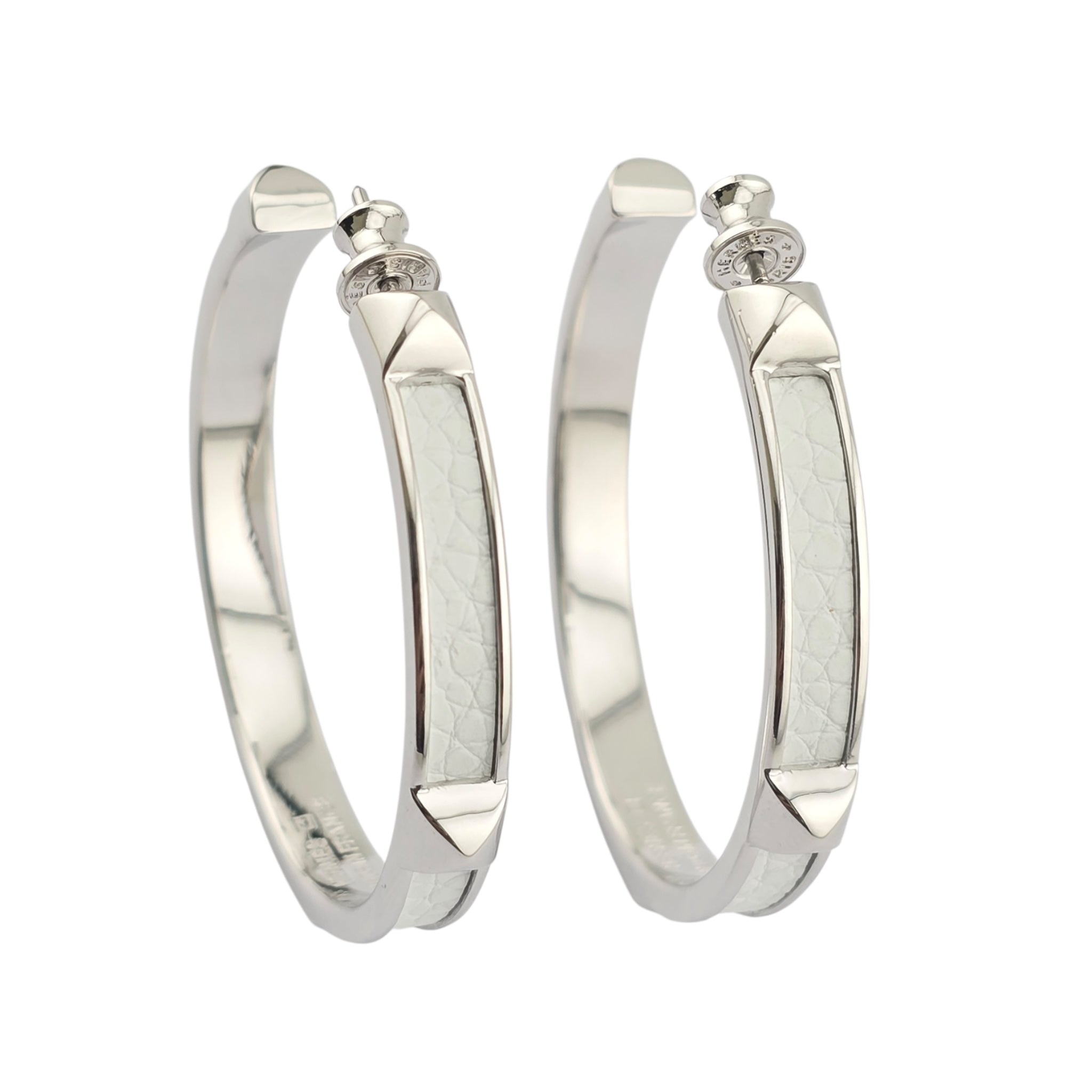 Hermes Athena Large White Silver Earrings