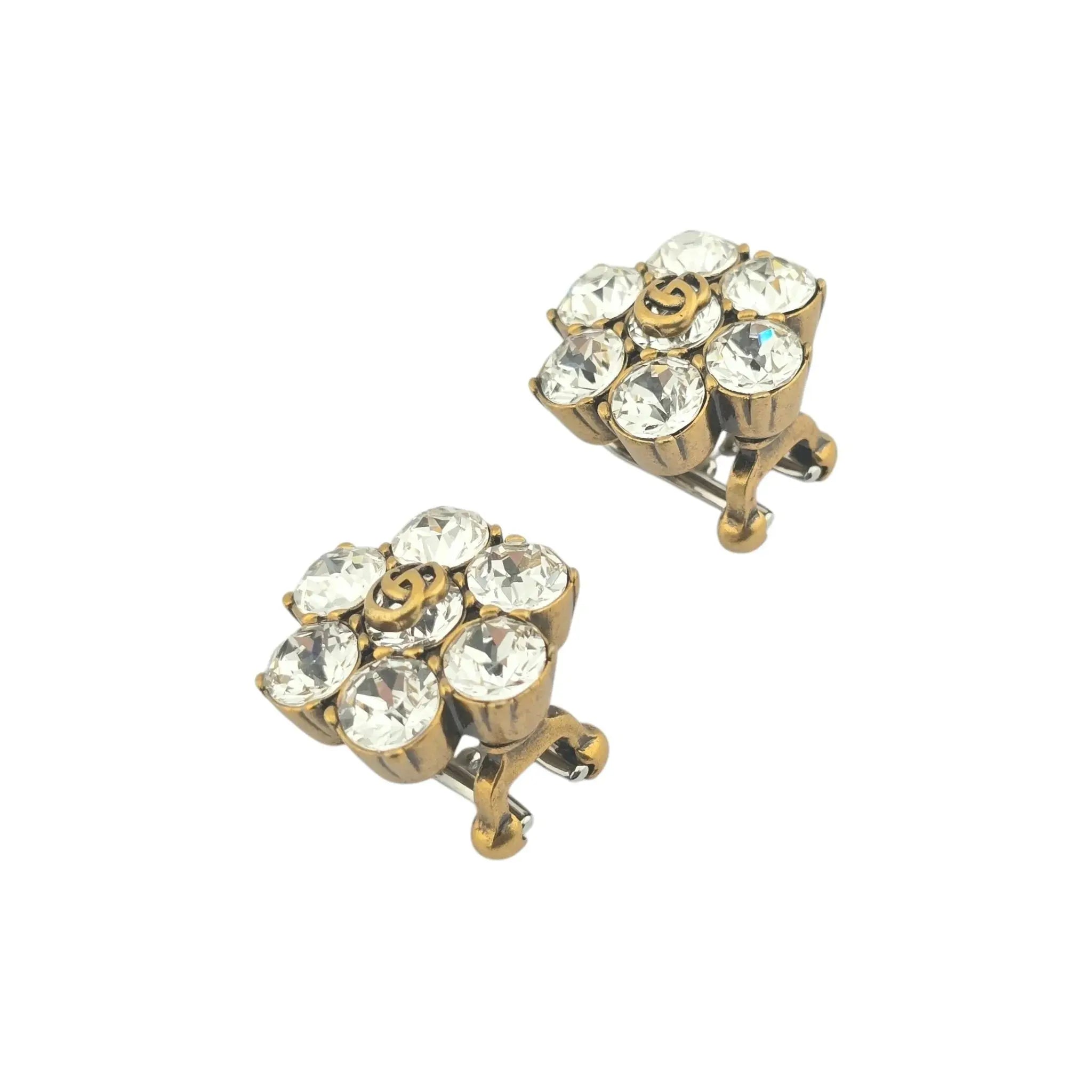 GUCCI Metal Crystal Double G Clip On Earrings Aged Gold GUCCI