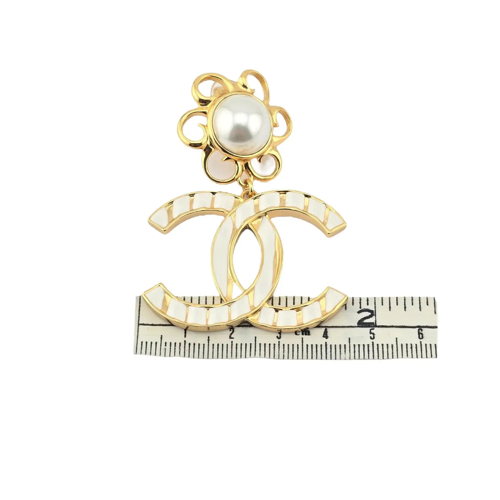 Chanel 23C XL Gold White Stripe Clip On Dangle Drop Earrings CHANEL