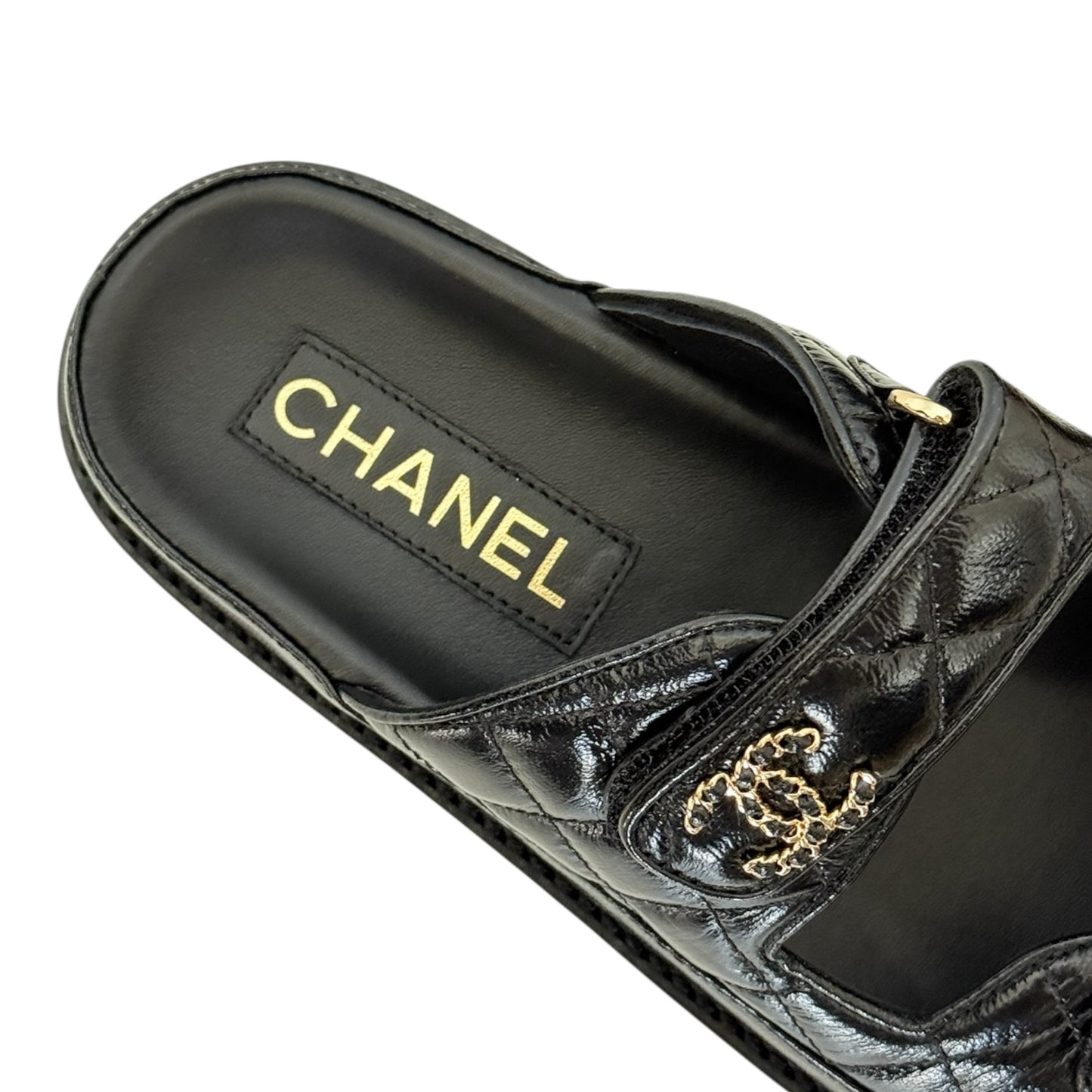 CHANEL CC BLACK LAMBSKIN DAD SANDALS 24P - 39