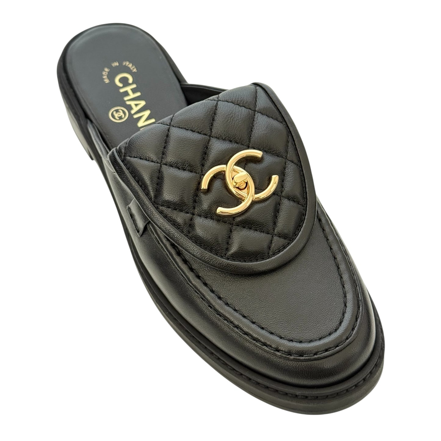 CHANEL CC BLACK TURNLOCK MULES - 39