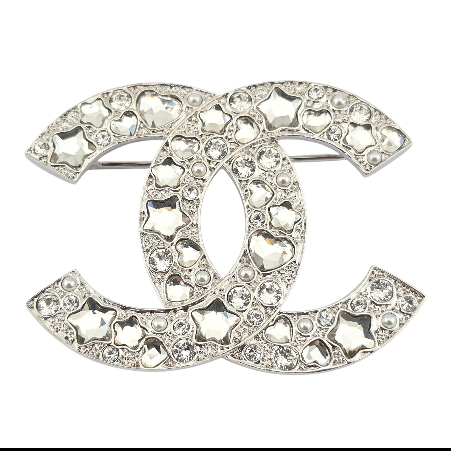 CHANEL SILVER CRYSTAL STAR HEART BROOCH F25