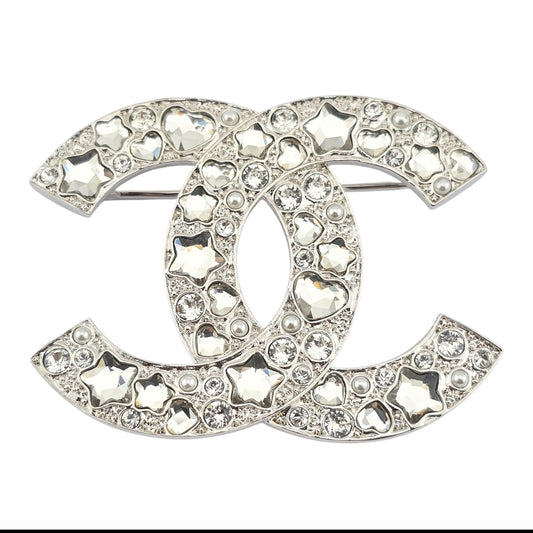 CHANEL SILVER CRYSTAL STAR HEART BROOCH F25