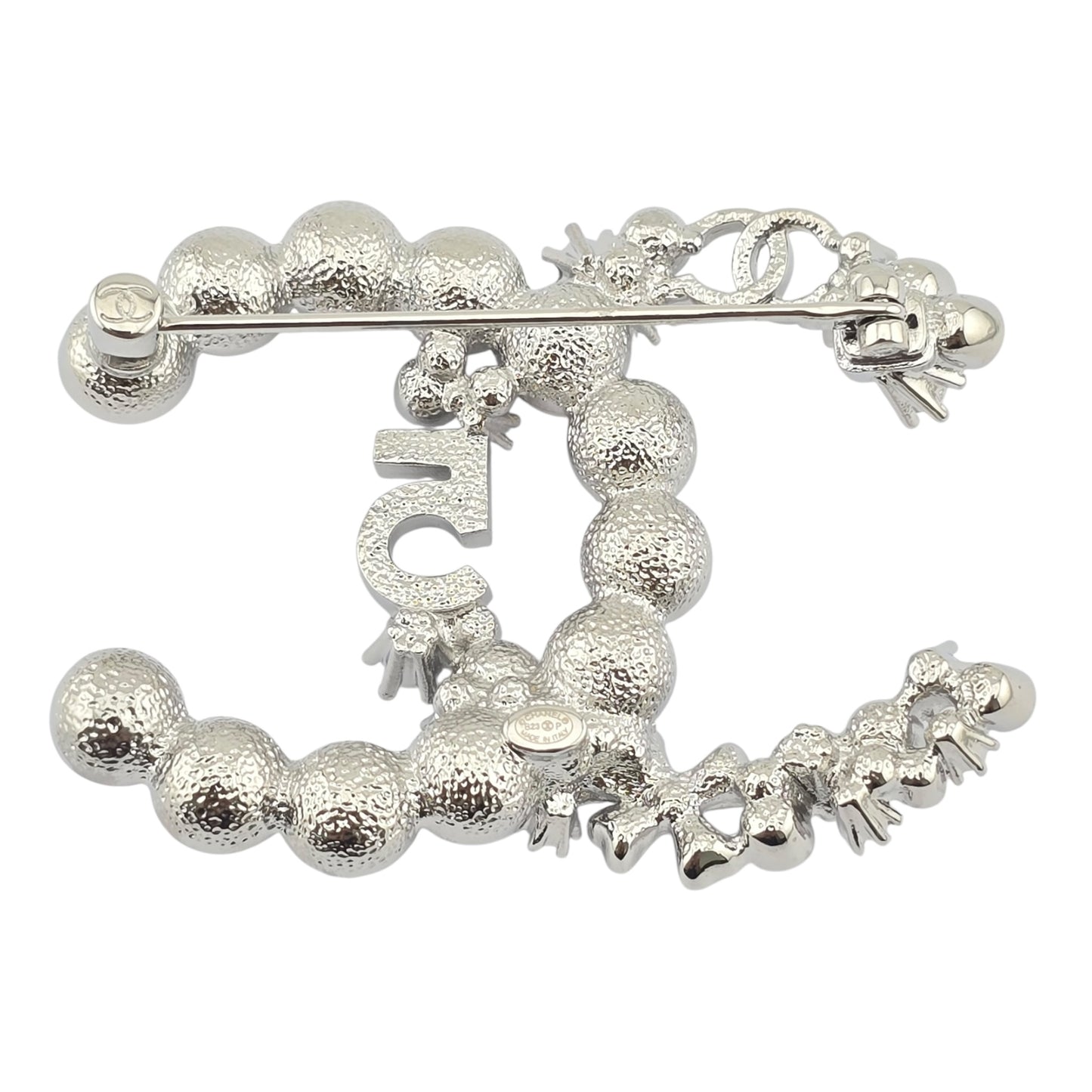 CHANEL SILVER FAUX PEARL CRYSTAL NO 5 CC BROOCH B23
