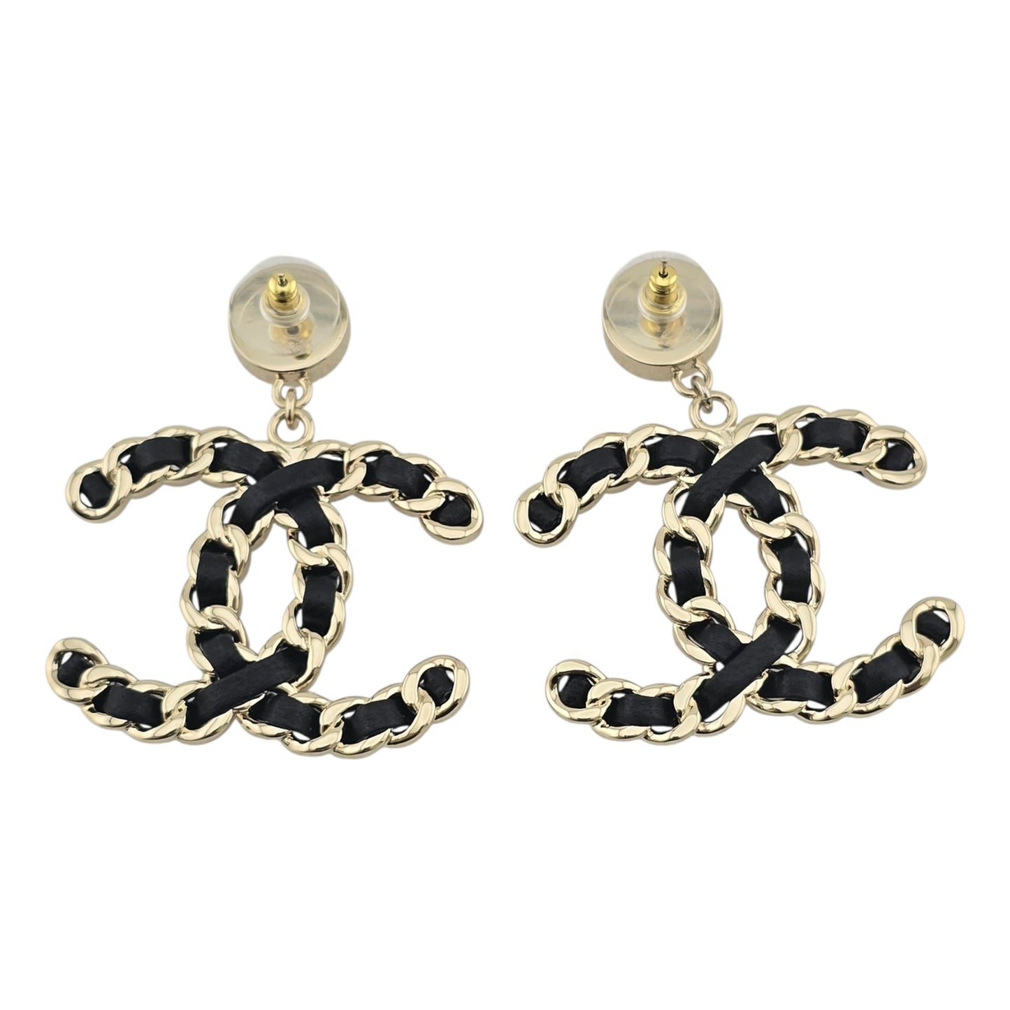 CHANEL GOLD BLACK LEATHER CC EARRINGS B25