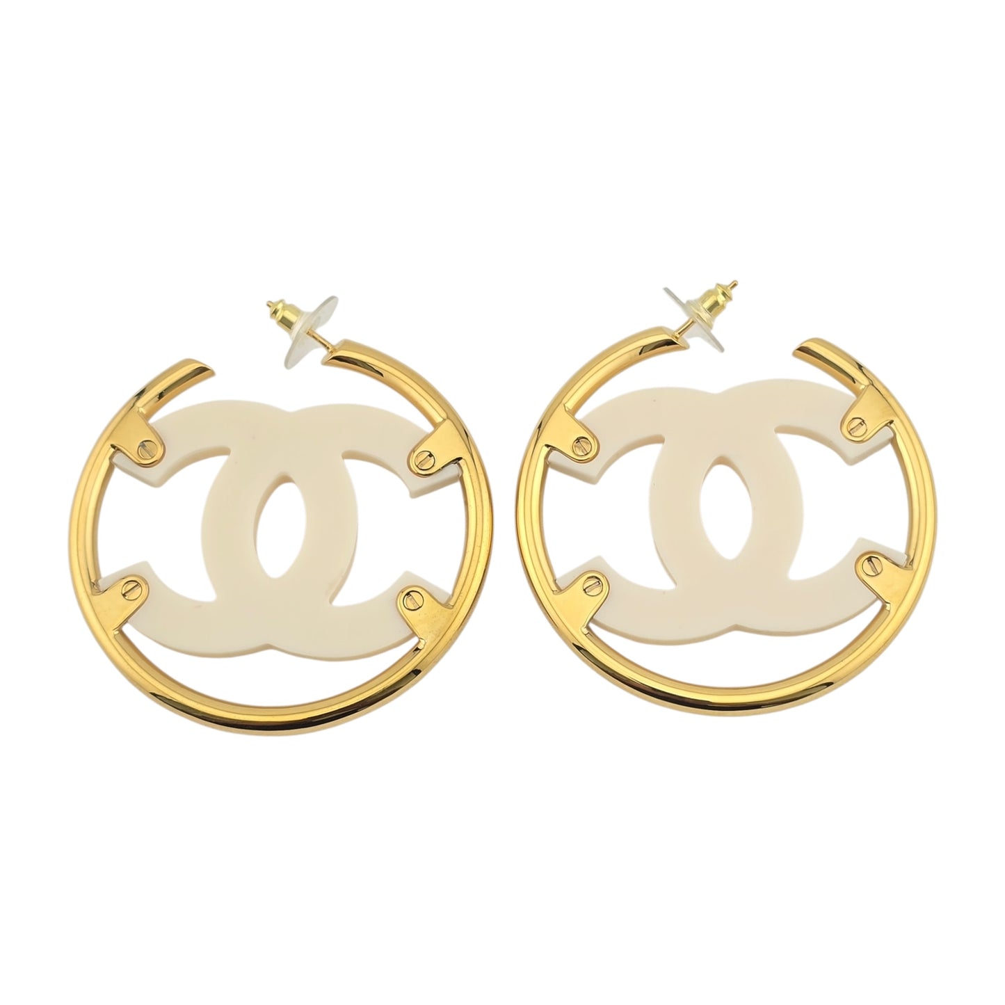 CHANEL WHITE RESIN HOOP CC EARRINGS B24