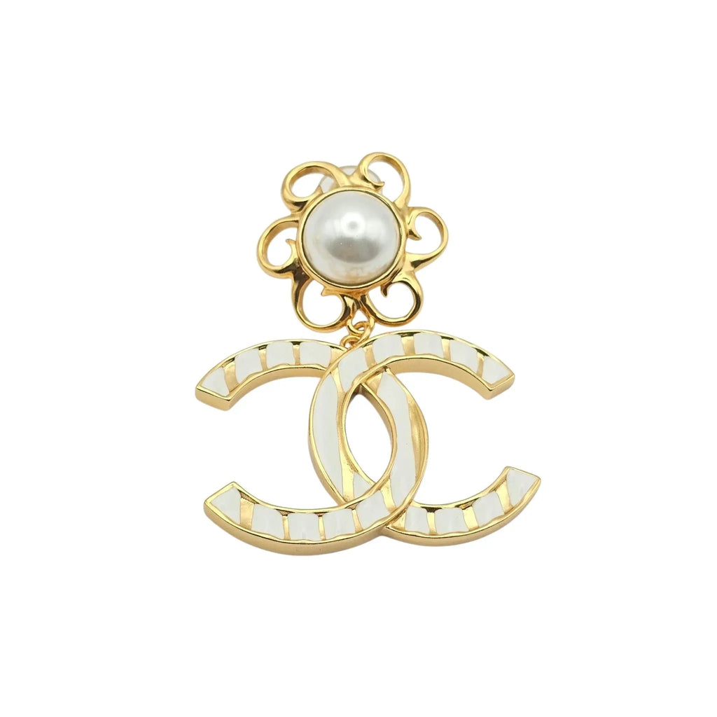 Chanel 23C XL Gold White Stripe Clip On Dangle Drop Earrings CHANEL