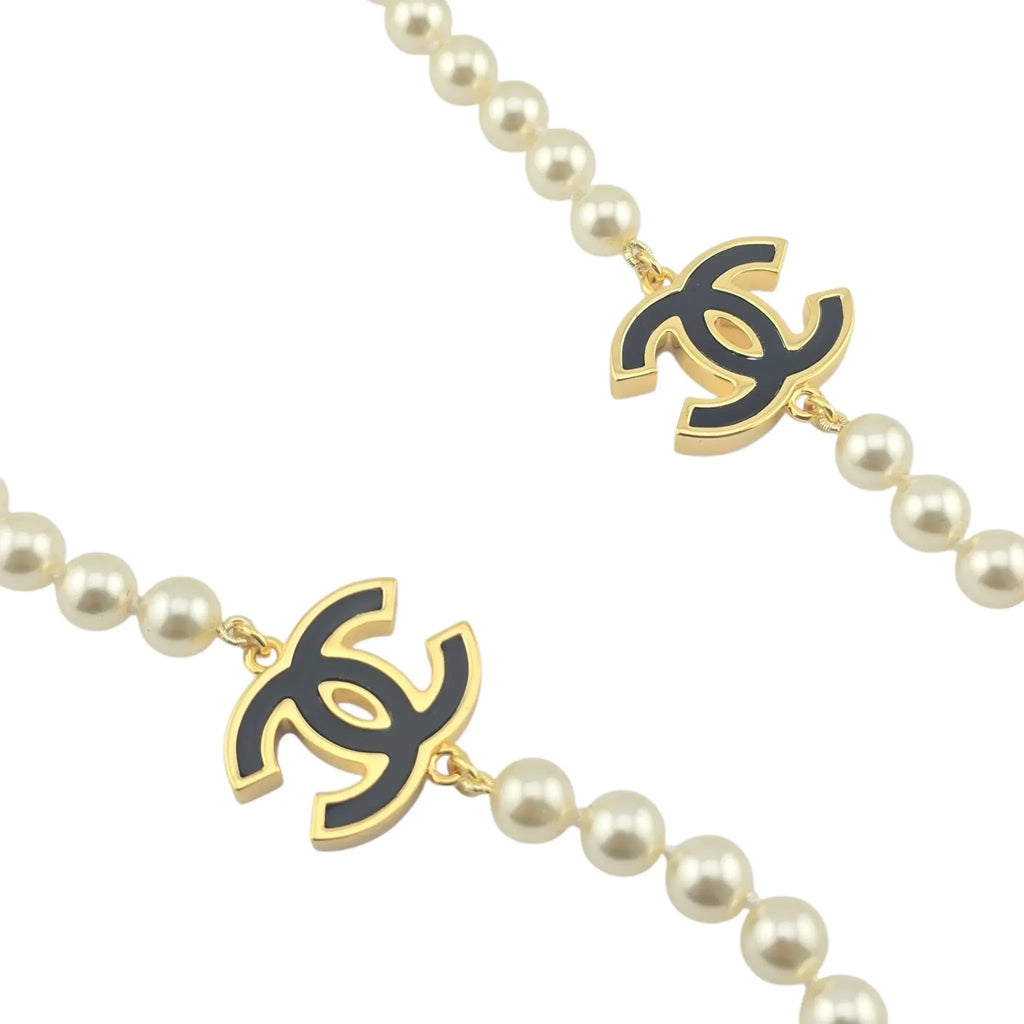 Chanel Black CC Pendant Long Faux Pearl Necklace B24 CHANEL