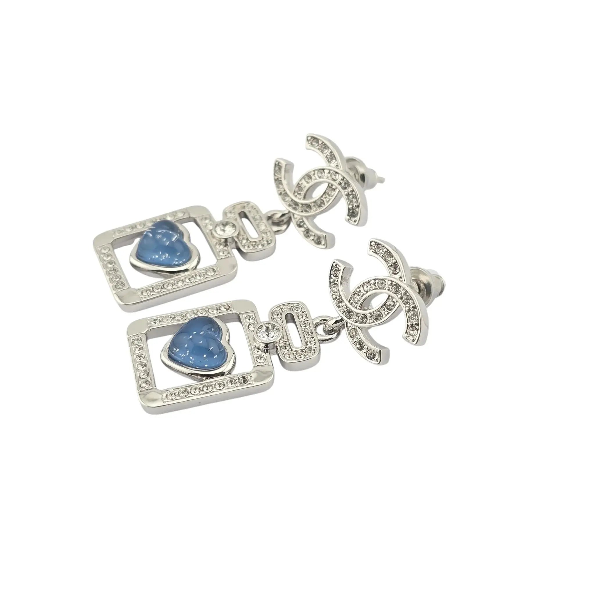 Chanel CC Silver Blue Heart Bottle Drop Earrings 2025 CHANEL