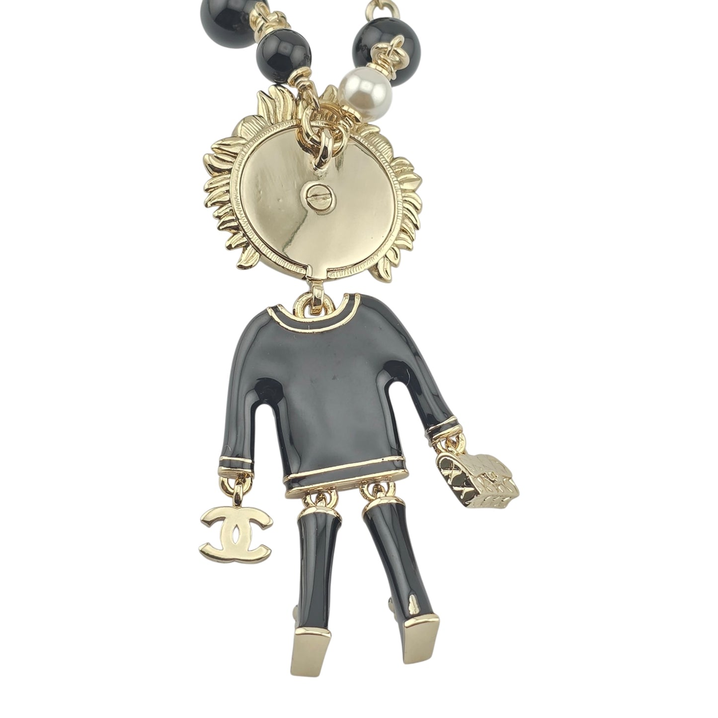 CHANEL ENAMEL CRYSTAL PEARL CC LION NECKLACE BLACK WHITE B22