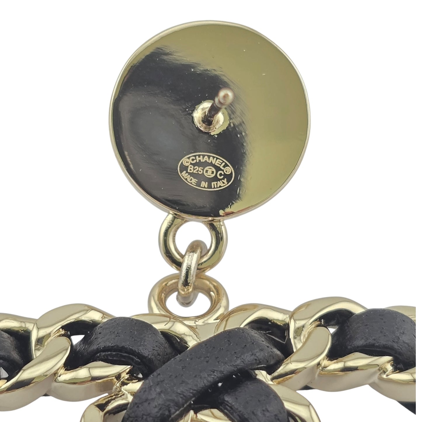 CHANEL GOLD BLACK LEATHER CC EARRINGS B25