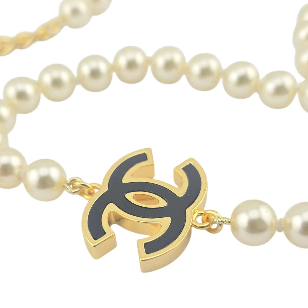 Chanel Black CC Pendant Long Faux Pearl Necklace B24 CHANEL