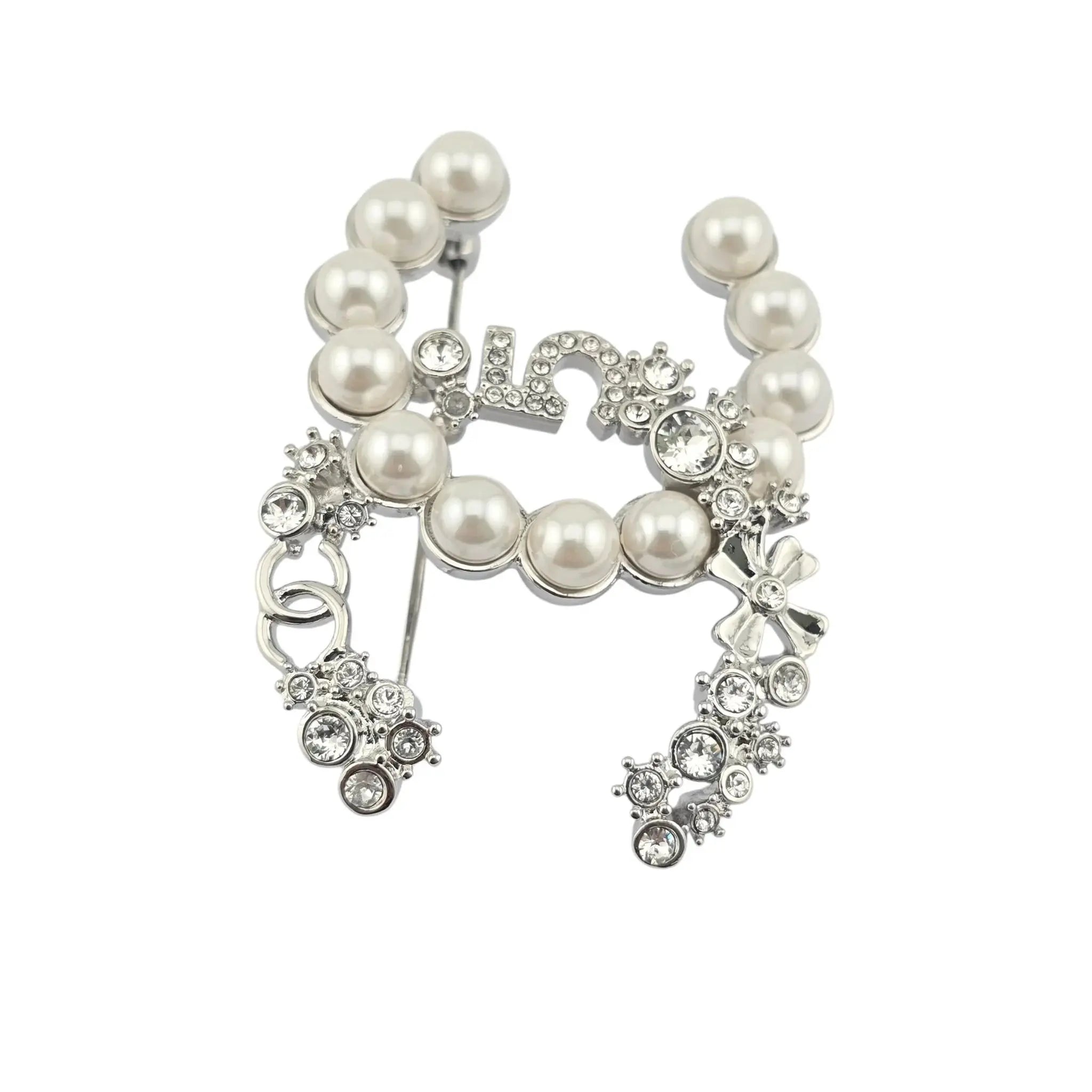 Chanel CC Crystal Pearl Star 5 Brooch Silver Pearly White B23 CHANEL