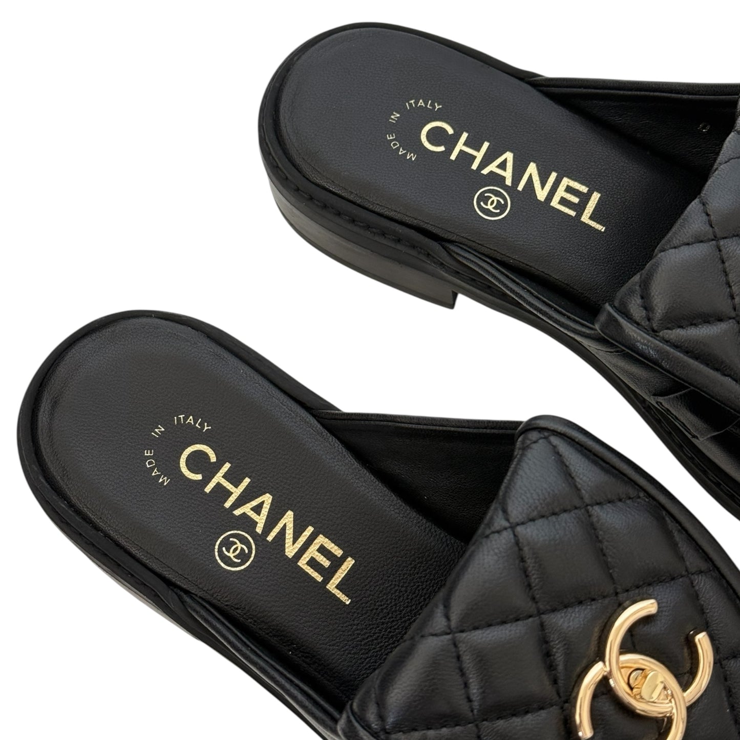 CHANEL CC BLACK TURNLOCK MULES - 39