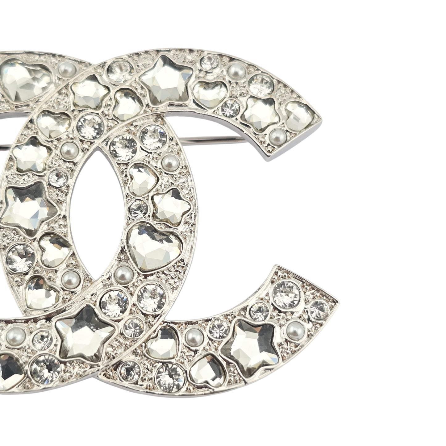 CHANEL SILVER CRYSTAL STAR HEART BROOCH F25