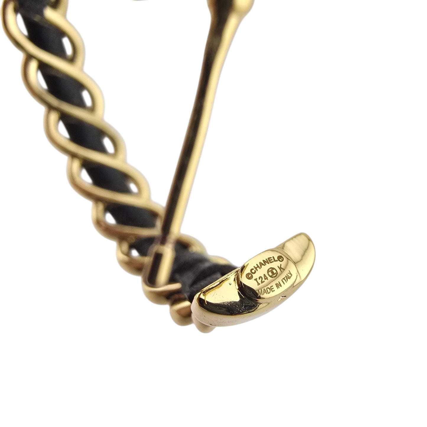 CHANEL HOOP BLACK LAMBSKIN GOLD CC EARRINGS I24