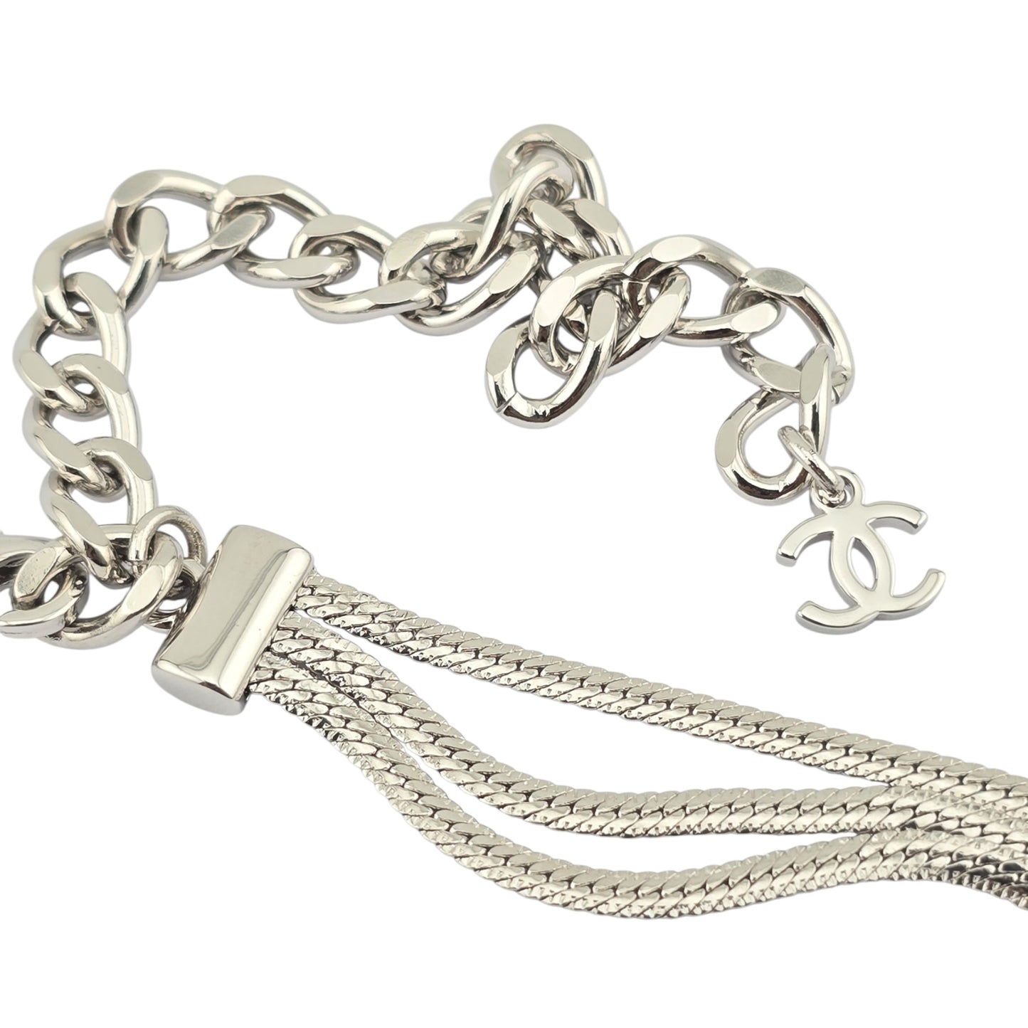 CHANEL SILVER MULTI-CHAIN CC NECKLACE A24