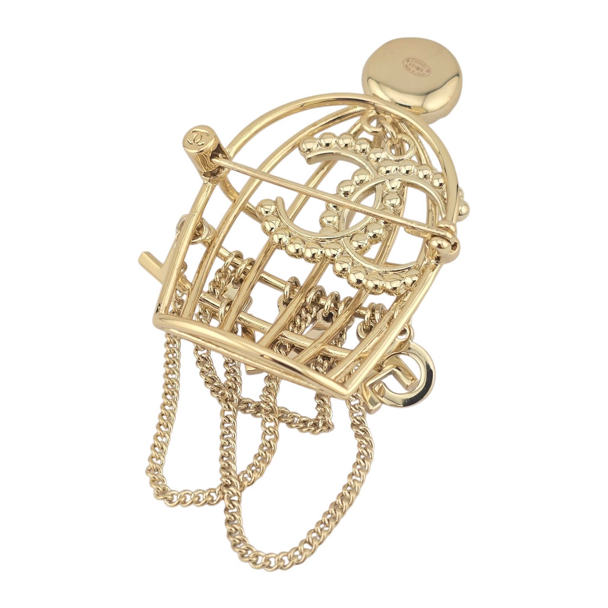 Chanel CC Birdcage Metal Crystal Pearl Gold Brooch CHANEL
