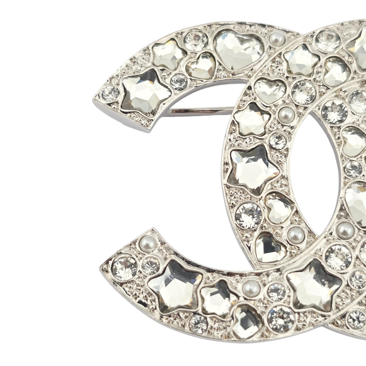 CHANEL SILVER CRYSTAL STAR HEART BROOCH F25