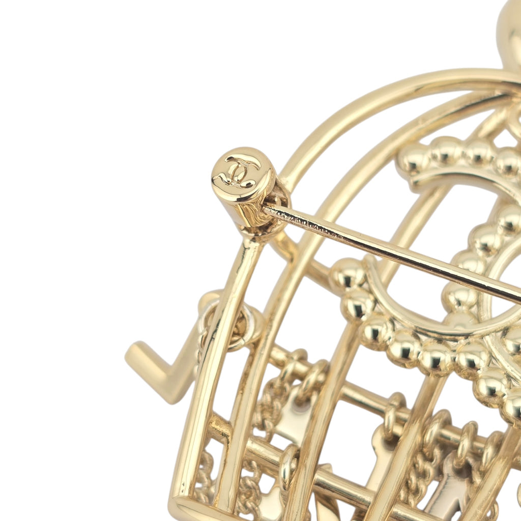 Chanel CC Birdcage Metal Crystal Pearl Gold Brooch CHANEL