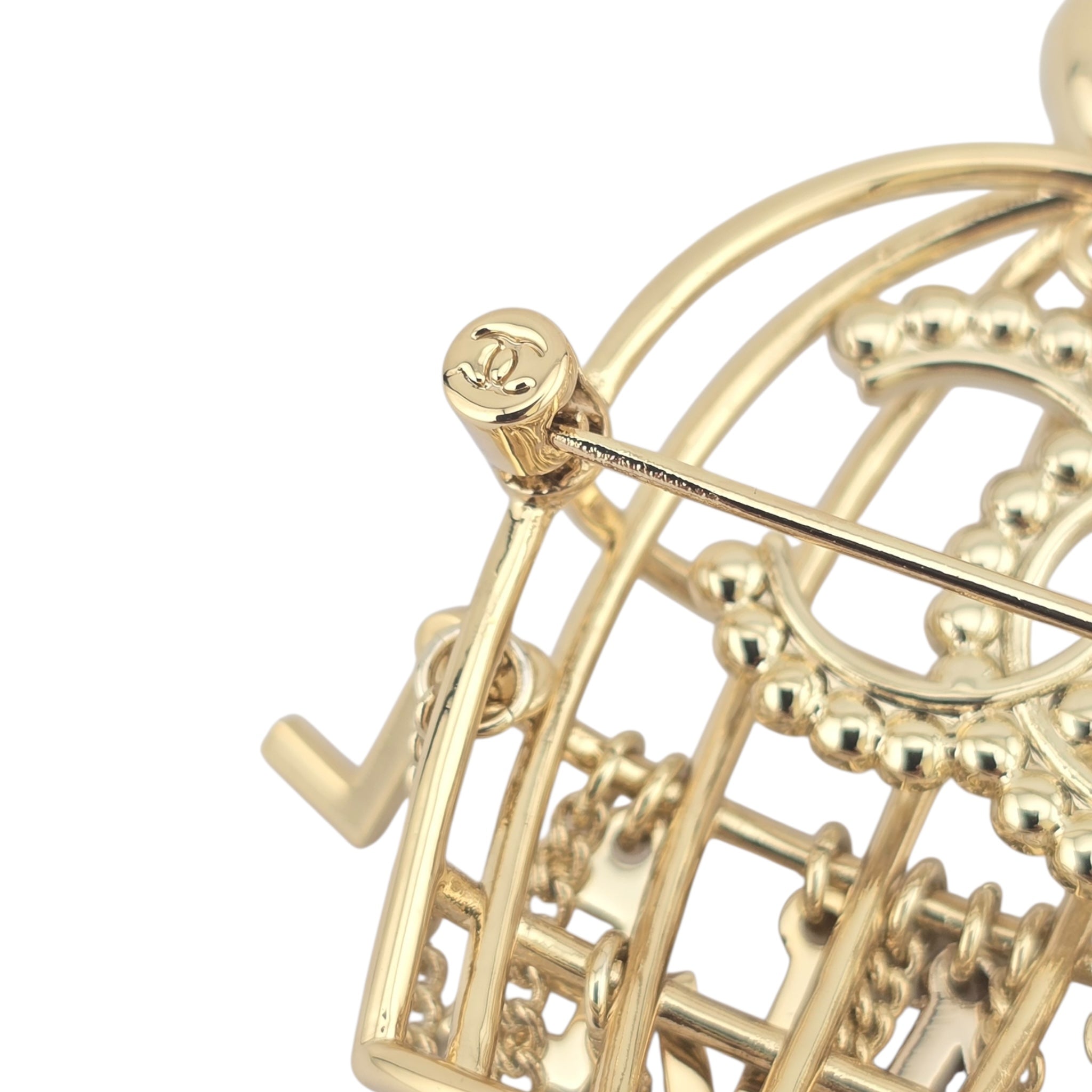 Chanel CC Birdcage Metal Crystal Pearl Gold Brooch CHANEL