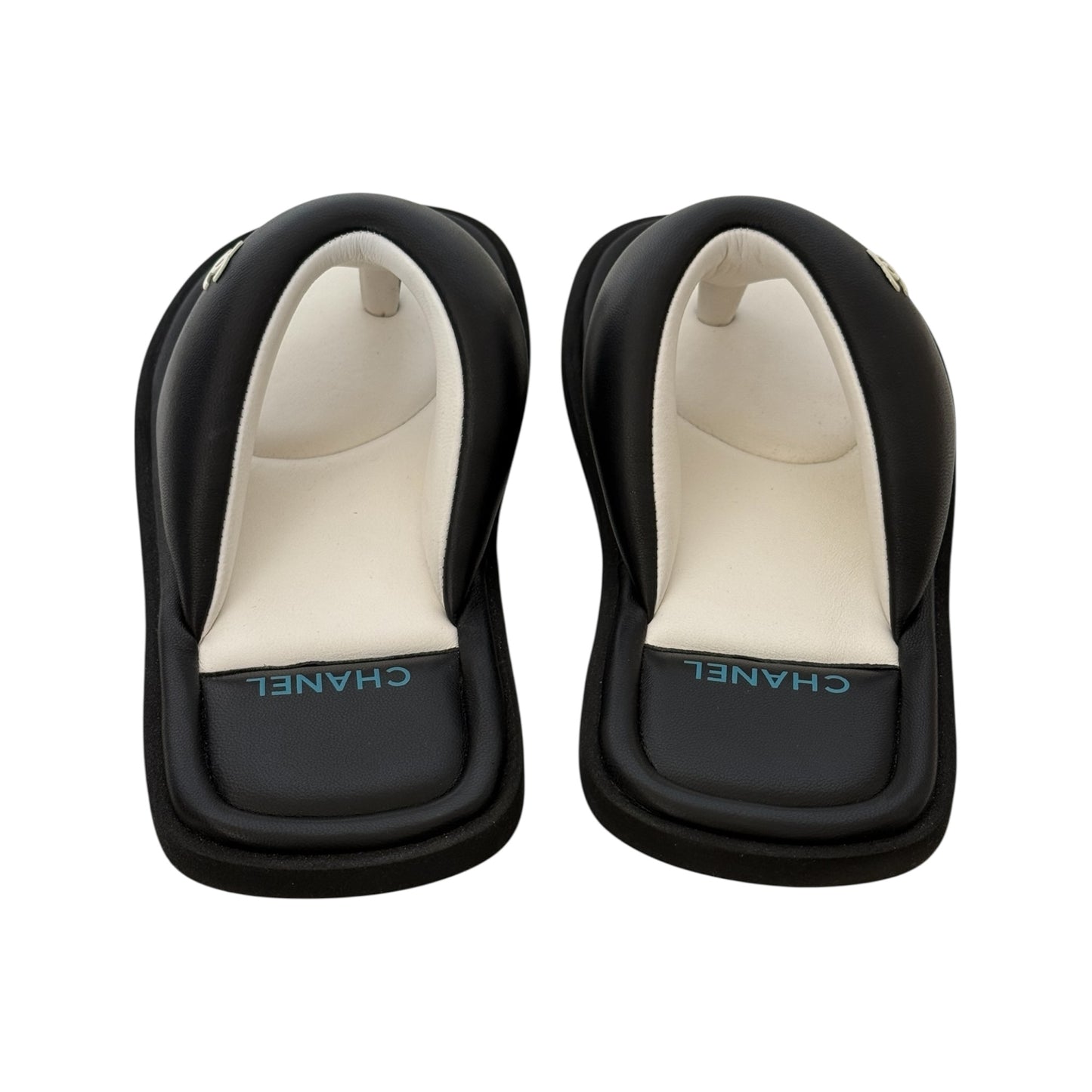 CHANEL CC LAMBSKIN PADDED BLACK THONG SANDALS - 39