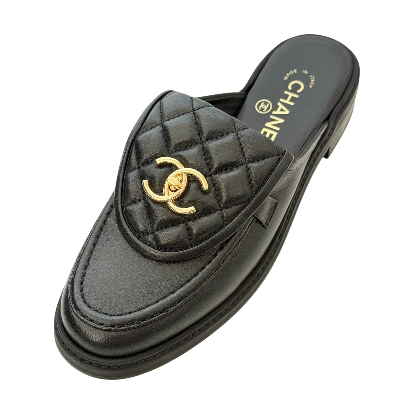 CHANEL CC BLACK TURNLOCK MULES - 39
