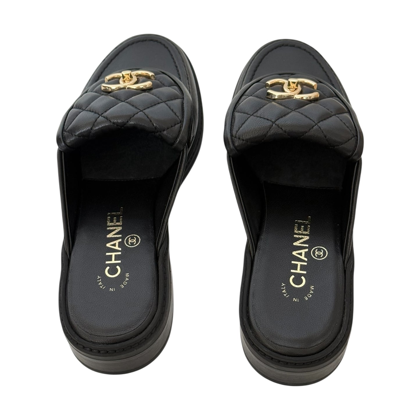 CHANEL CC BLACK TURNLOCK MULES - 39