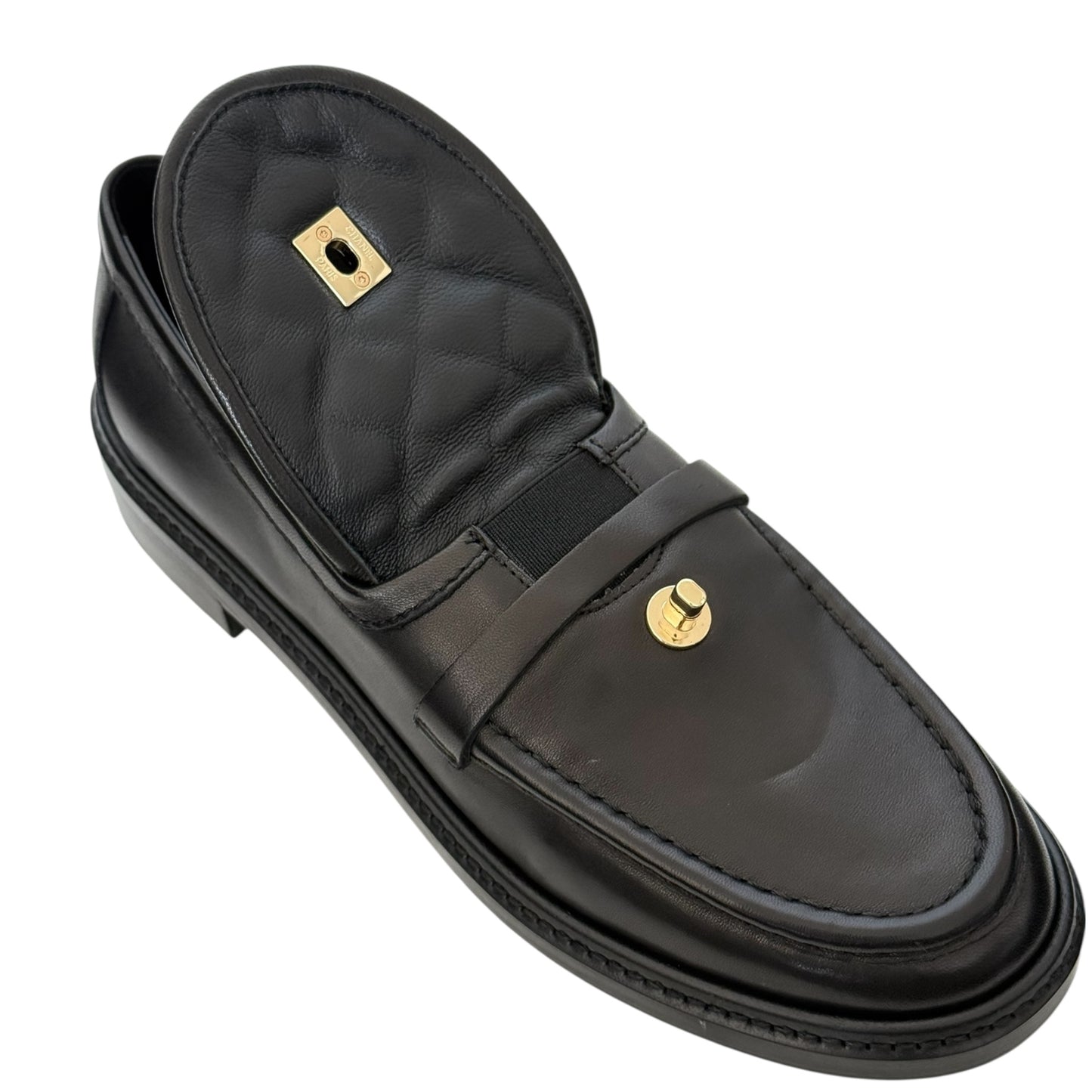 CHANEL CC BLACK LAMBSKIN QUILTED TURNLOCK LOAFERS - 39