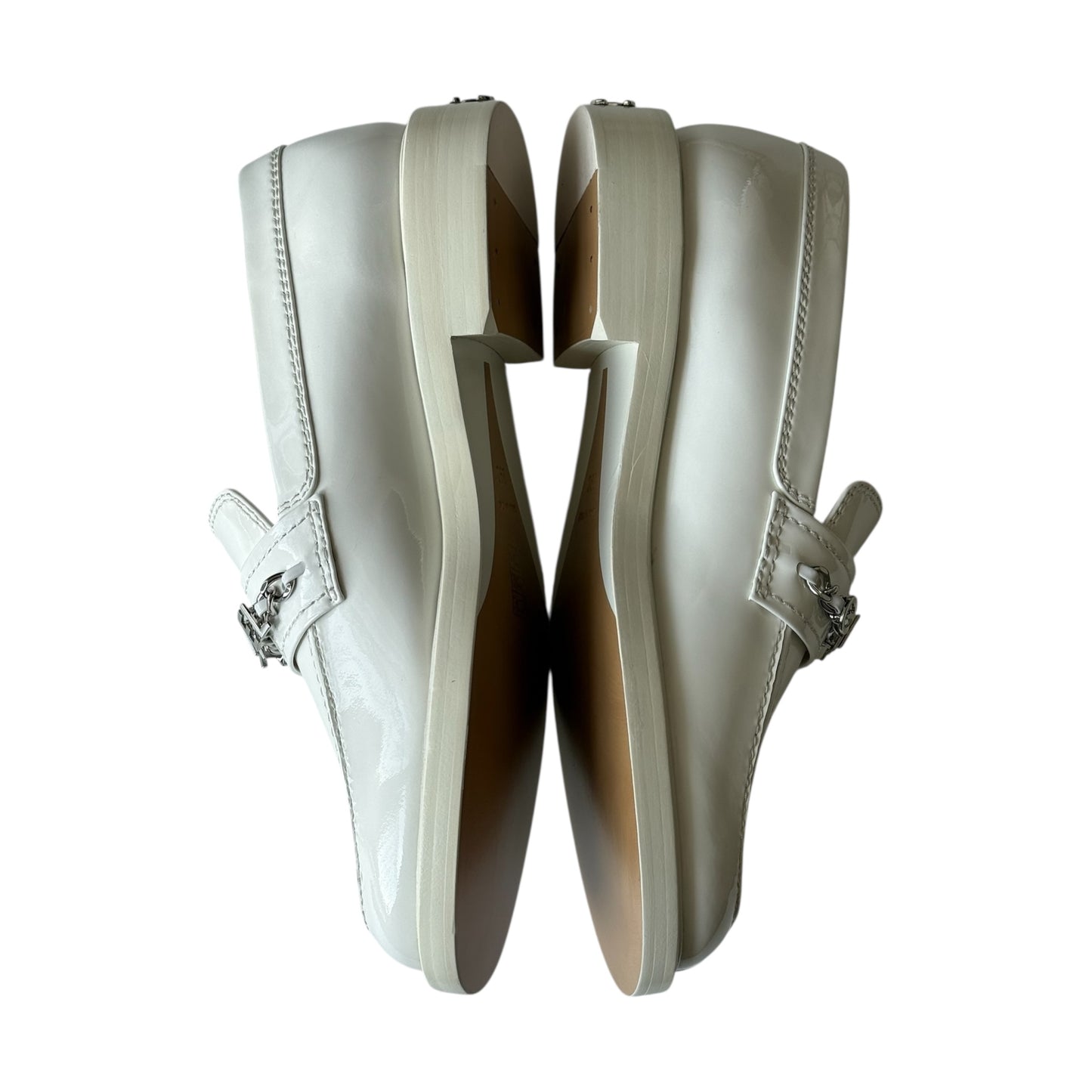 CHANEL WHITE SHINY CALFSKIN LOGO LOAFERS - 39