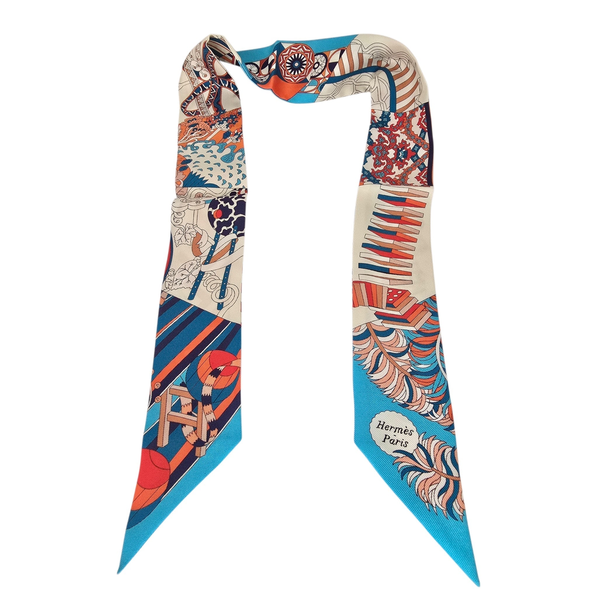 Hermes Silk Twilly De L’Ombrelle Aux Duels Blue Potiron and Creme HERMES