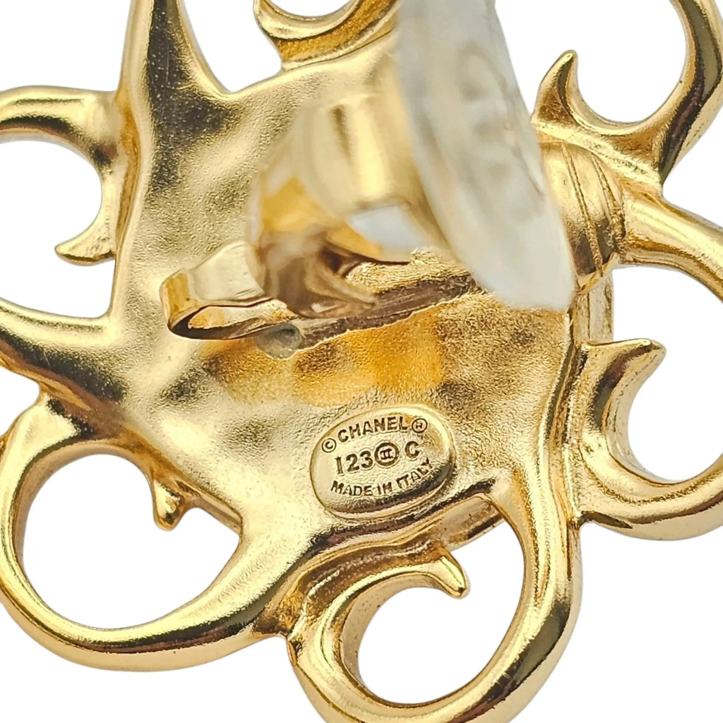 Chanel 23C XL Gold White Stripe Clip On Dangle Drop Earrings CHANEL