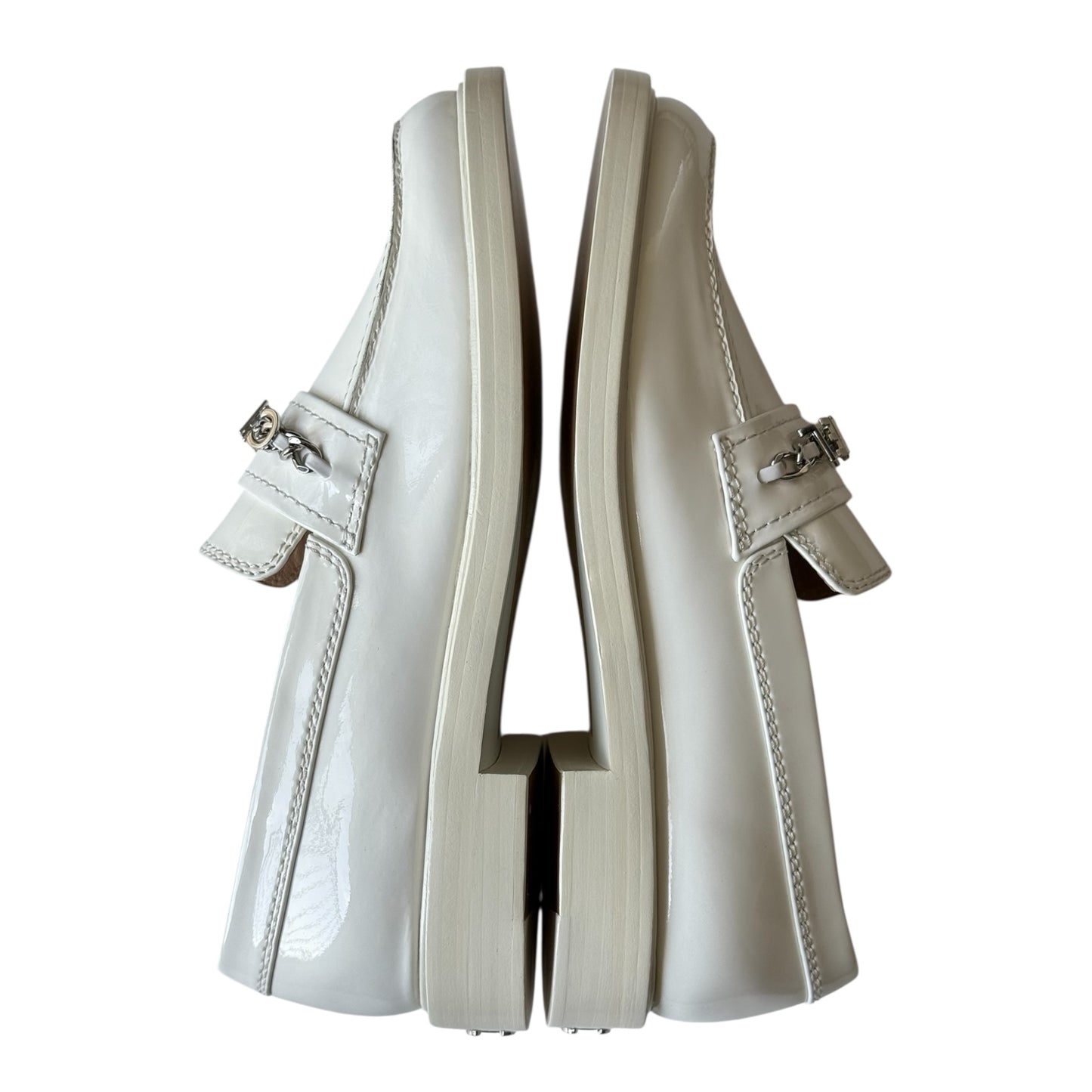 CHANEL WHITE SHINY CALFSKIN LOGO LOAFERS - 39