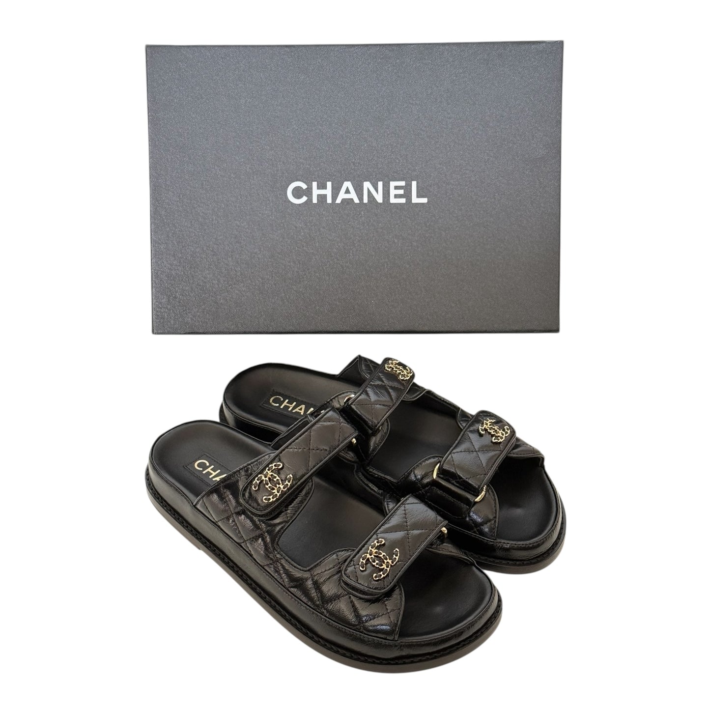 CHANEL CC BLACK LAMBSKIN DAD SANDALS 24P - 39