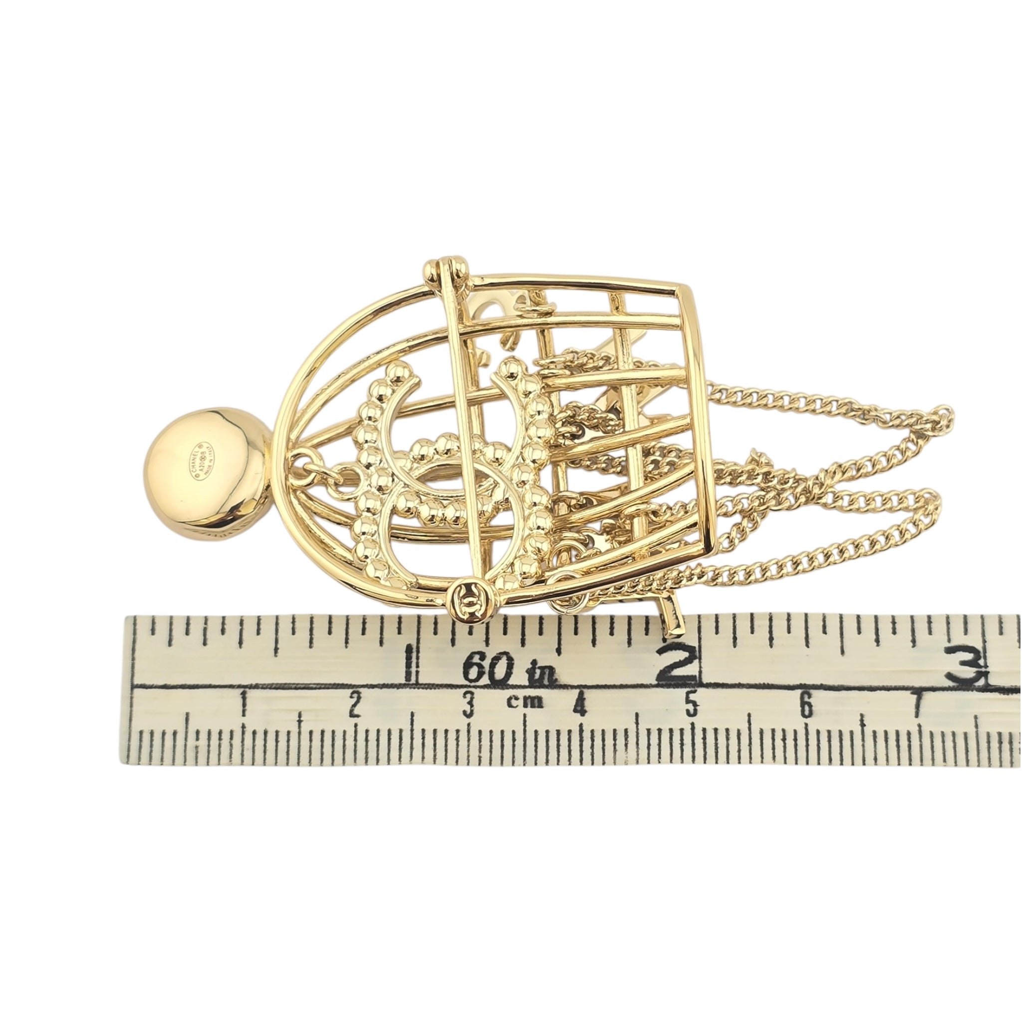 Chanel CC Birdcage Metal Crystal Pearl Gold Brooch CHANEL
