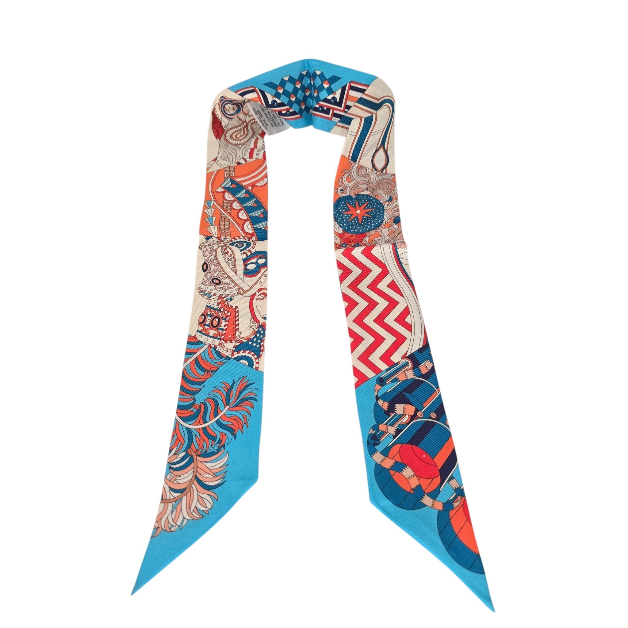 Hermes Silk Twilly De L’Ombrelle Aux Duels Blue Potiron and Creme HERMES