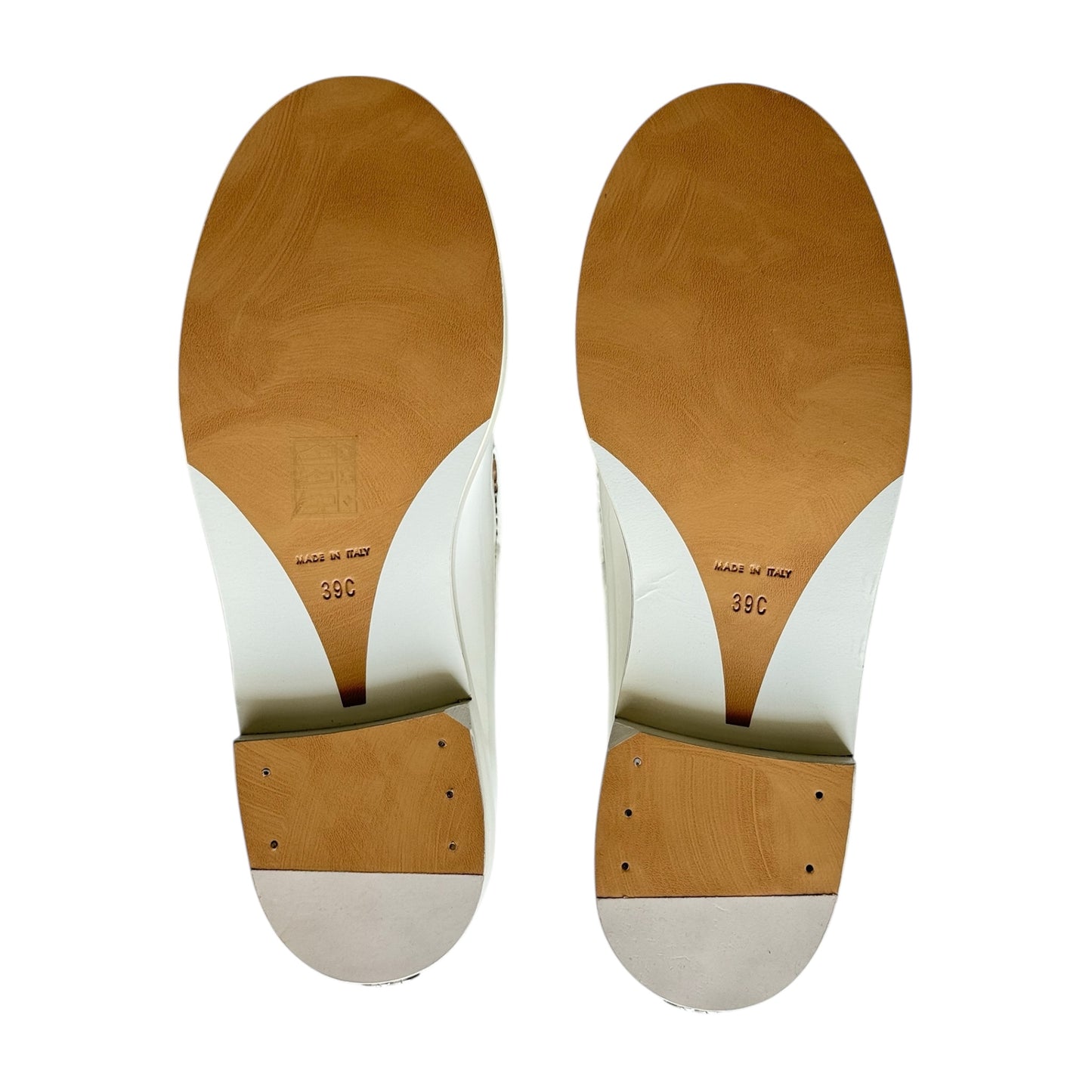 CHANEL WHITE SHINY CALFSKIN LOGO LOAFERS - 39