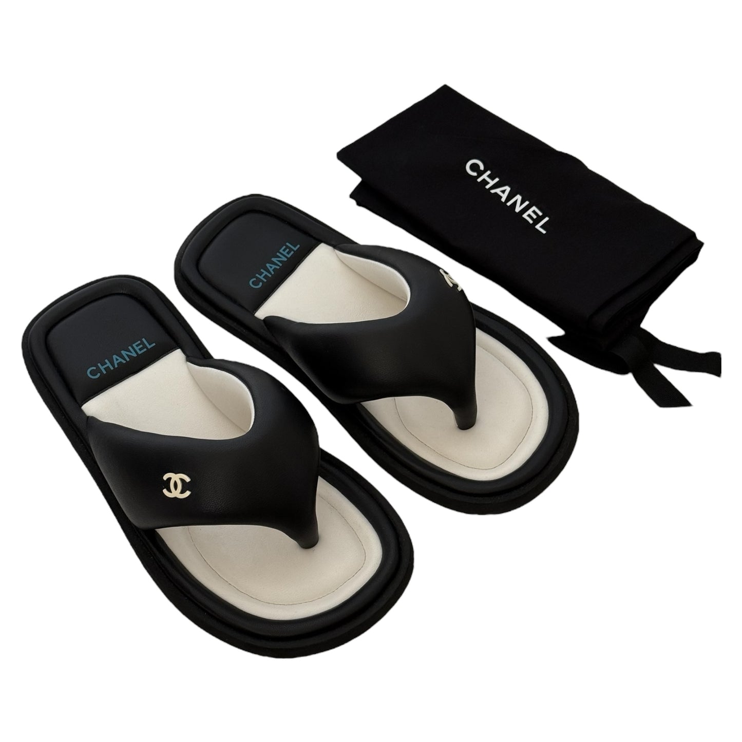 CHANEL CC LAMBSKIN PADDED BLACK THONG SANDALS - 39