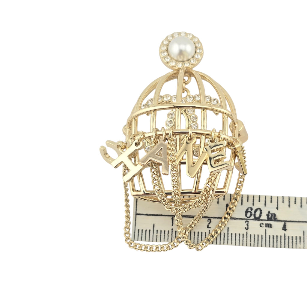 Chanel CC Birdcage Metal Crystal Pearl Gold Brooch CHANEL