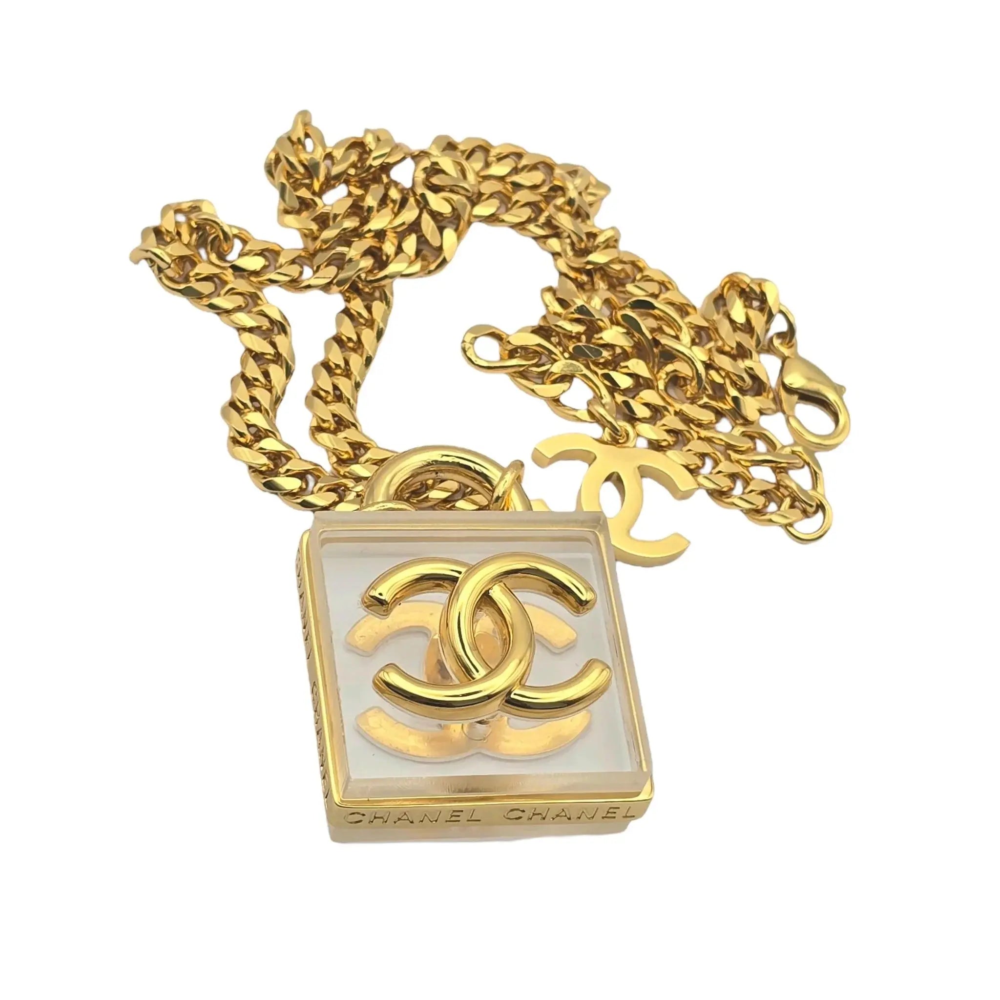 Chanel 2023 SS CC Square Resin Gold Long Chain Necklace CHANEL