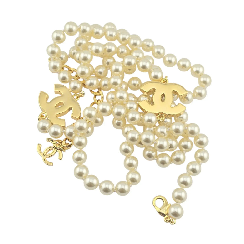 Chanel Black CC Pendant Long Faux Pearl Necklace B24 CHANEL