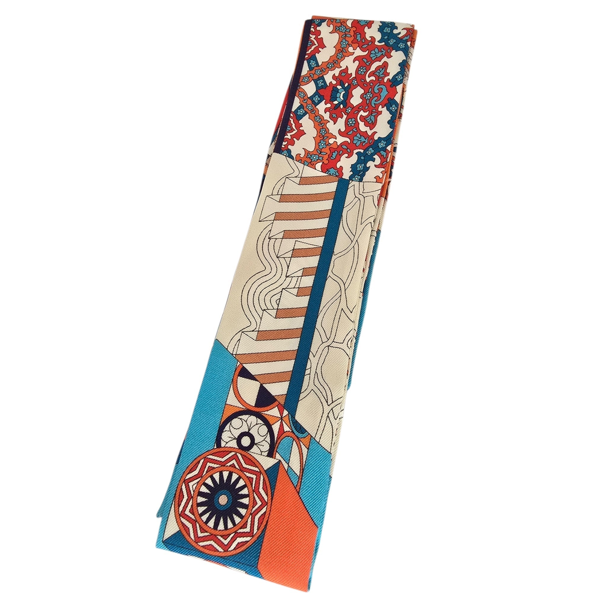 Hermes Silk Twilly De L’Ombrelle Aux Duels Blue Potiron and Creme HERMES