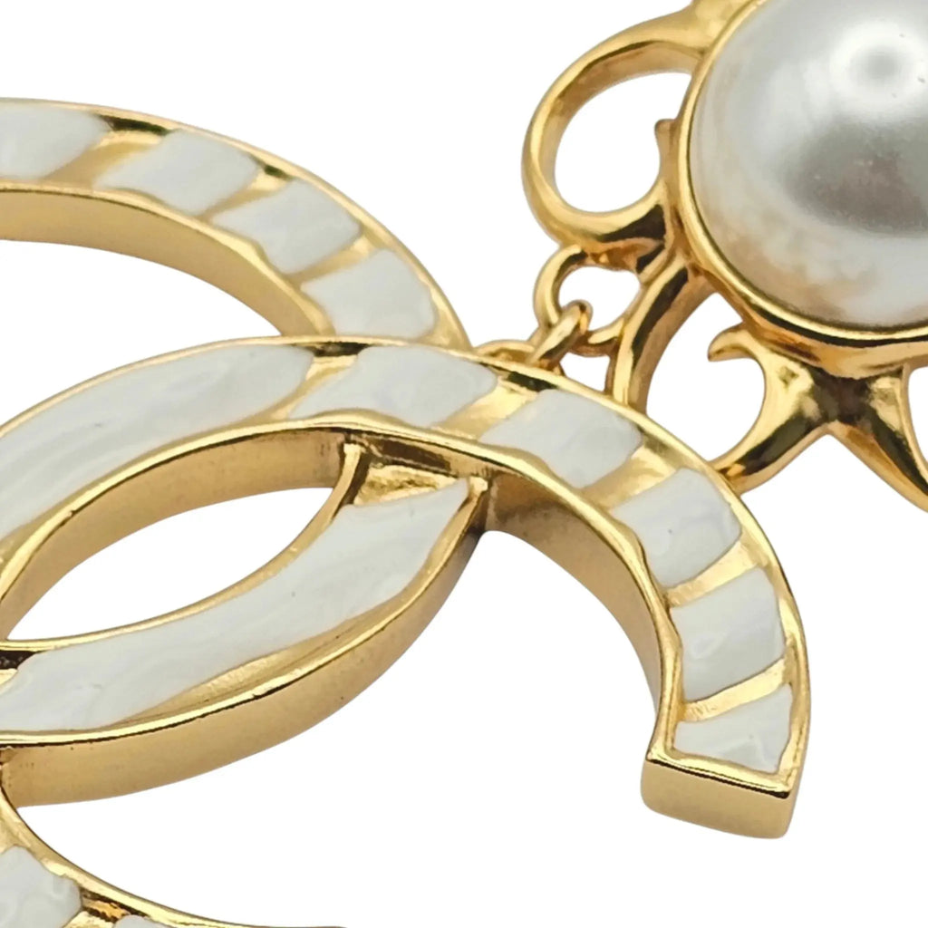 Chanel 23C XL Gold White Stripe Clip On Dangle Drop Earrings CHANEL