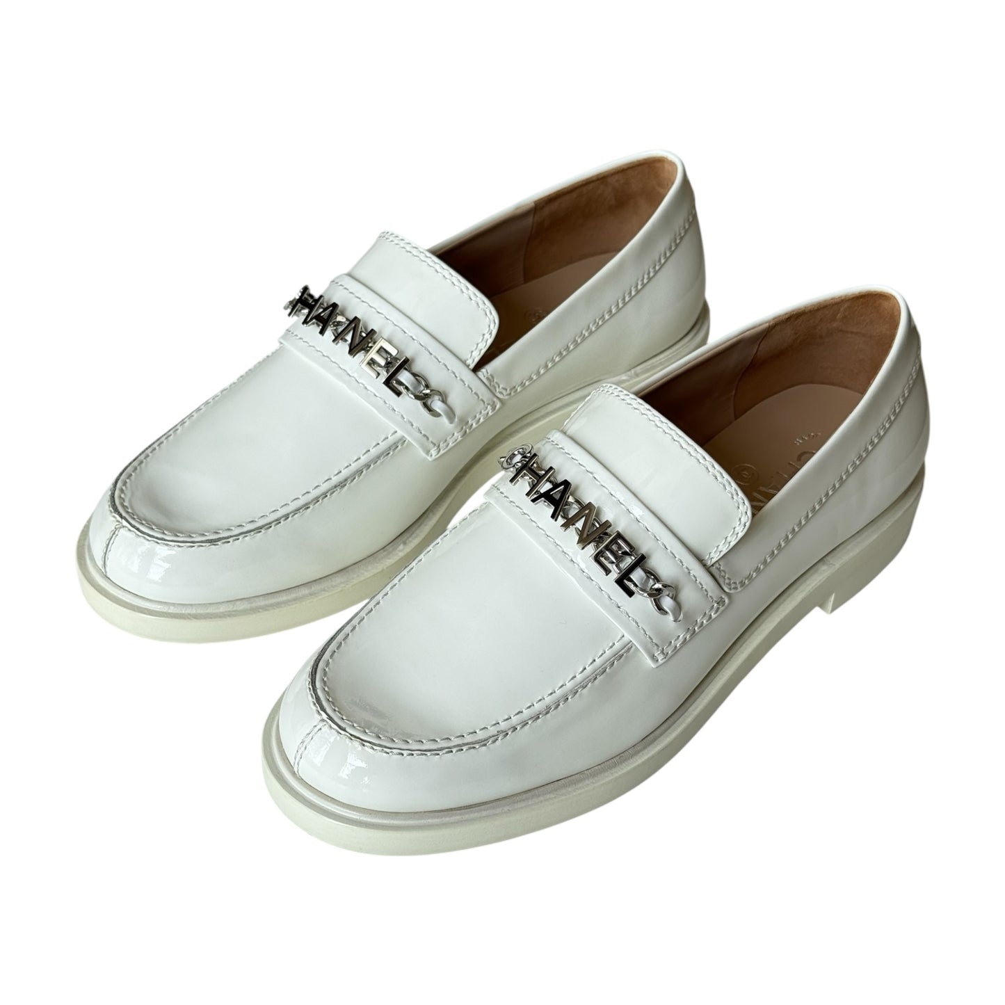 CHANEL WHITE SHINY CALFSKIN LOGO LOAFERS - 39