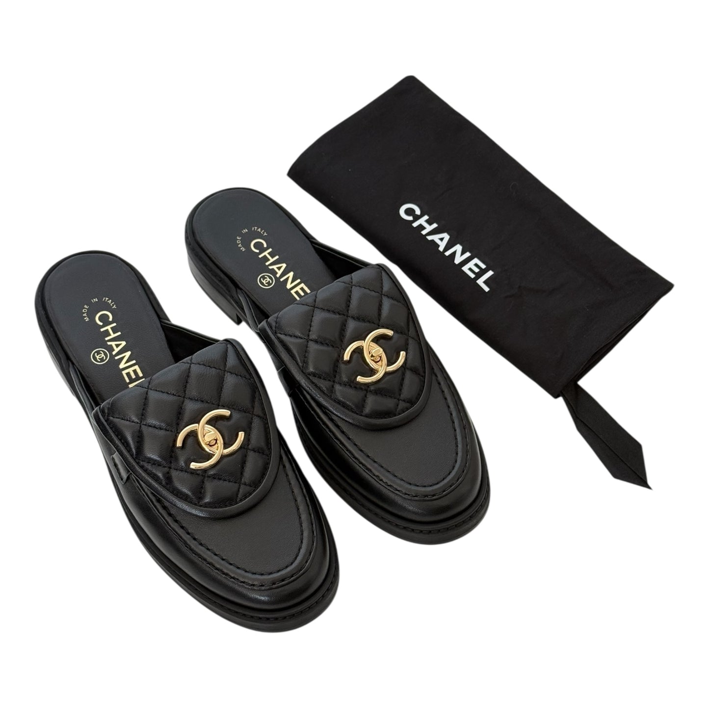 CHANEL CC BLACK TURNLOCK MULES - 39